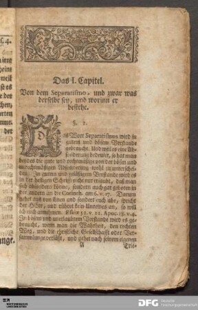 Das I. Capitel. Von dem Separatismo, und zwar was derselbe sey, und worinn er bestehe.