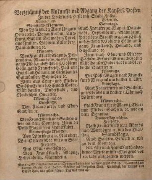 Verzeichnuß der Ankunfft und Abgang der Kayserl. Posten in der Hochfürstl. Residentz-Stadt Fulda.