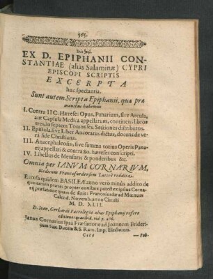 Ex D. Epiphanii Constantiae (alias Salaminae) Cypri Episcopi Scriptis Excerpta huc spectania.