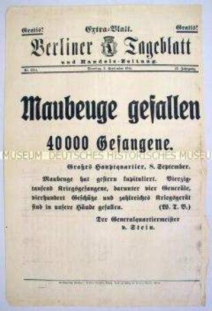 Extra-Blatt des "Berliner Tageblatt" zur Eroberung von Maubeuge durch deutsche Truppen
