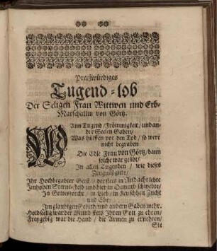 Preißwürdiges Tugend-lob Der Seligen Frau Wittwen und Erb-Marschallin von Görtz