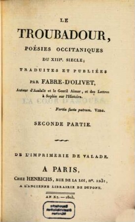 Le Troubadour : poésies occitaniques du XIIIe siècle. 2
