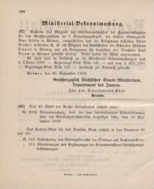 87. Ministerial-Bekanntmachung, betreffend Wechsel in der Zusammensetzung des Gesellenausschusses der Handwerkskammer
