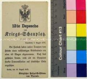 Gedruckte Kriegsdepesche vom Königlichen Polizei-Präsidium über die Kriegsereignisse vom 9.8.1870 bei Forbach während des Deutsch-Französischen Krieges