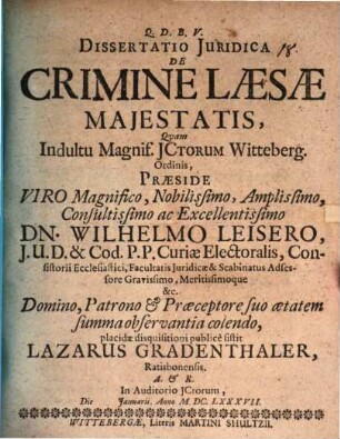 Dissertatio juridica de crimine laesae majestatis