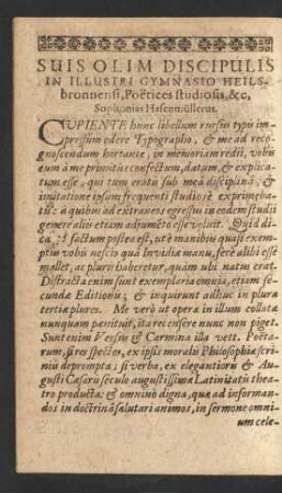 Suis Olim Discipulis In Illustri Gymnasio Helisbronnensi, Poetices studiosis, &c, Sophonias Hasenmüllerus.