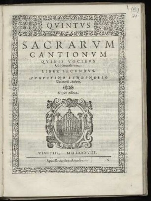Agostino Bendinello: Sacrarum cantionum quinis vocibus ... Liber secundus. Quintus