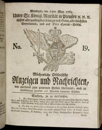 No. 19. Montags, den 13ten May 1765.