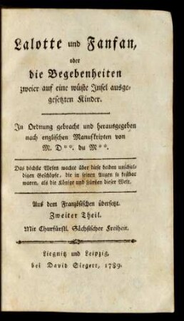 Theil 2: Lalotte und Fanfan, oder die Begebenheiten zweier auf eine wüste Insel ausgesetzten Kinder