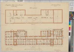 Arnsberg (Arnsberg) Lehrerinnenseminar - Inventarienzeichnung Klassengebäude: Grundrisse Dach- und Kellergeschoß 1910 1 : 100 63 x 94 farb. Druck Landsberg Staatshochbauamt Arnsberg