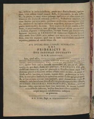 Avi Optimi Pios Cineres Veneratus H. M. P. Fridericus II. Dux Saxoniae Gothanus ...