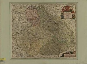 Karte von Böhmen, Schlesien, Mähren und der Lausitz, 1:970 000, Kupferstich, 1745 : Regnum Bohemia eique Annexae Provinciae : ut Ducatus Silesia Marchionatus Moravia, et Lusatia quae sunt Terrae Haereditariae Imperatoris ; cum Privelegio Ordinum Holland. et West-Frisiae / Per T. Danckerts. - [Ca. 1:970 000]. - Amstelodami , [um 1709]. - 1 Kt. : Kupferst. ; 59 x 50 cm