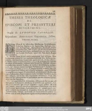 Theses Theologicae De Episcopo Et Presbyteri Discrimine. Praeside D. Ludovico Cappello. Respondente Abrahamo Gilberto. Pictone.