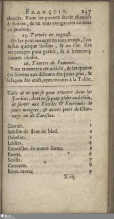 Table de ce qui se peut trouver dans les Jardins, dont on se peut aider au besoin, & servir aux Entrées & Entremets de jours maigres, & autres jours de Charnage ou de Caresme