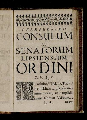 Celeberrimo Consulum Ac Senatorum Lipsiensium Ordini