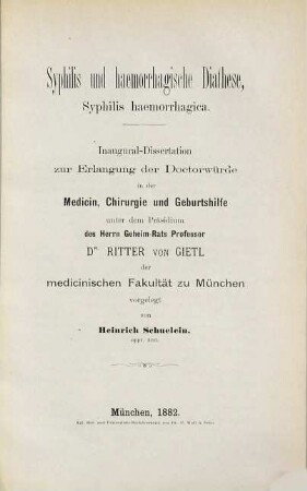 Syphilis und haemorrhagische Diathese, Syphilis haemorrhagica : Inaugural-Dissertation