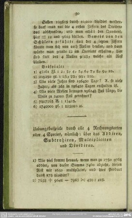Uebungsbeispiele durch alle 4 Rechnungsarten oder 4 Species, nämlich: über das Addiren, Subtrahiren, Multipliciren und Dividiren