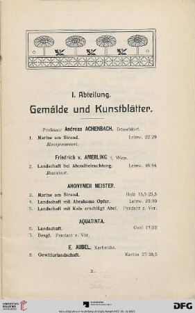 I. Abteilung. Gemälde und Kunstblätter (Nr. 1-229)