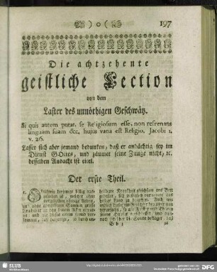 Die achtzehente geistliche Lection von dem Laster des unnöthigen Geschwätz