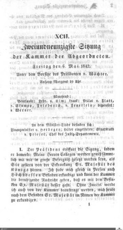 92. Sitzung, Stuttgart, 6.5.1842