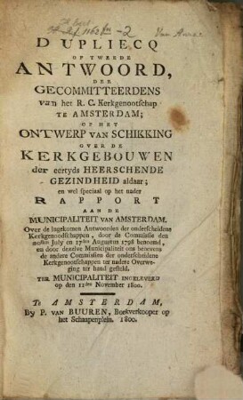 Dupliecq of tweede Antwoord op het ontwerp : 11 Nov. 1800