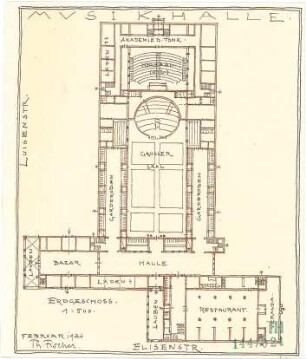 Fischer, Theodor; München, Alter Botanischer Garten; Musikhaus und Kunstgebäude - Musikhalle (Grundriss EG)
