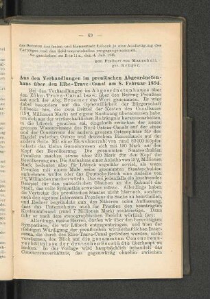 Aus den Verhandlngen im preußischen Abgeordneten-haus über den Elbe-Trave-Canal am 8.Februar 1894.