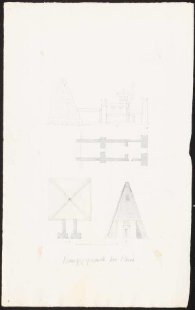 Königs-Pyramide, Meroe: Vorlage für Drucke Inv.Nr. 44849,1 und 44849,2: Längsschnitt und Grundriss des Vorbaus, Aufriss Kapitell mit Bleistiftanweisung, Grundriss und Aufriss der Gesamtanlage, Maßstabsleiste