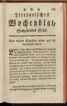Literarisches Wochenblat, Sechzehendes Stück.