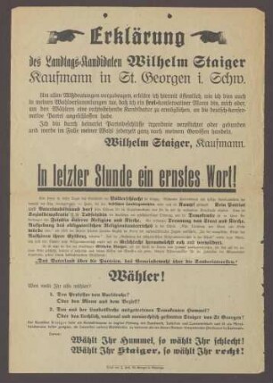 Wahlplakat: "Erklärung des Landtags-Kandidaten Wilhelm Staiger...", Konservative Partei, 1913, J. Huß, St. Georgen