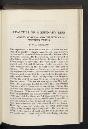 Realities of missionary life. I. Among moslems and christians in western Persia