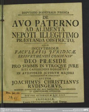 Disputatio Inauguralis Iuridica De Avo Paterno Ad Alimenta Nepoti Illegitimo Praestanda Obstricto