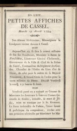 No LXIV (Mardi 13 Avril 1784)