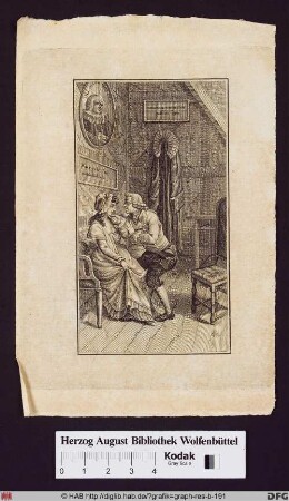 Ein junger Mann schäkert mit einer jungen Frau, an der Wand ein geistliches Gewand, das Portrait eines geistlichen Herrn (Johann Melchior Goetze, Hamburger Hauptpastor) und Sinnsprüche.