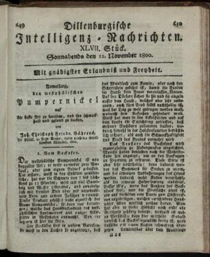 XLVII. Stück. Sonnabends den 22. November 1800.