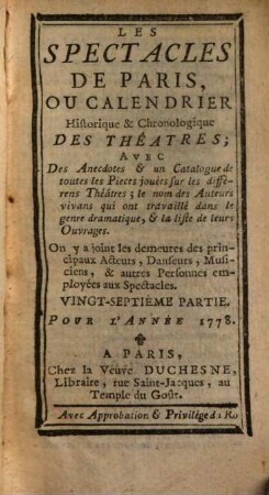 Les spectacles de Paris, ou calendrier historique & chronologique des théâtres, 27. 1778