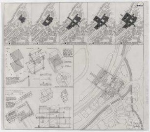Ideenwettbewerb "Dienstleistungszentrum Langenberg " (nicht realisiert), 1. Preis – Bauphasen, Grundriss 2. OG, Basismodul, Detailansicht Konstruktion. Langenberg
