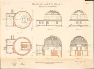 Sternwarte Potsdam-Babelsberg: Gebäude für das Spiegelteleskop: Ansichten, Schnitte, Grundrisse 1:100