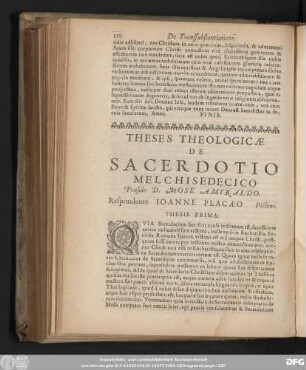 Theses Theologicae De Sacerdotio Melchisedecico Praeside D. Mose Amyraldo. Respondente Ioanne Placaeo Pictone.