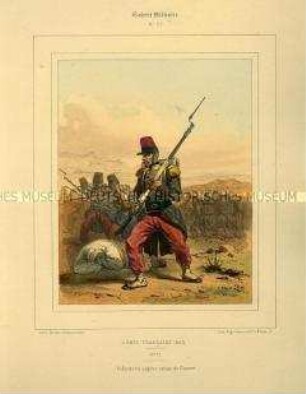 Uniformdarstellung, Infanteristen der Leichten Infanterie in Felduniform, Königreich Frankreich, 1840. Tafel Nr. 117 aus: Galerie Militaire.
