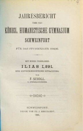 Jahresbericht des Königl. Humanistischen Gymnasiums Schweinfurt : für das Schuljahr ... 1894/95