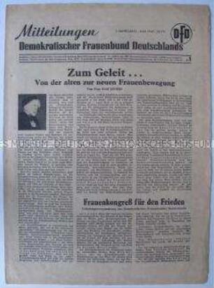 Erste Ausgabe des Mitteilungsblattes des Demokratischen Frauenbundes u.a. zur Gründungsversammlung des DFD