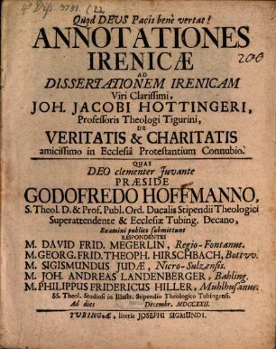 Annotationes Irenicae Ad Dissertationem Irenicam Viri Clarissimi, Joh. Jacobi Hottingeri, Professoris Theologi Tigurini, De Veritatis et Charitatis amicissimo in Ecclesiâ Protestantium Connubio