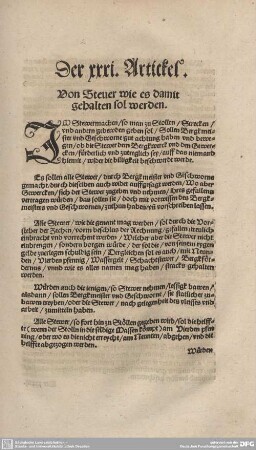 Der XXXI. Artickel. Von Steuer wie es damit gehalten sol werden.