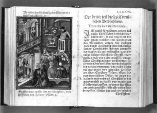 Friedrich Nausea. Christlich Bettbüchlein. In mitte der Kirchen hat er sein munde geöffnet / Eccle. 15. Illustration und Textseite (LXXXVI). Holzschnitt, koloriert mit Goldauflage, 14,4 x 9,2 cm (Blattgröße), 1538. Verwalter, SLUB Dresden, Mscr.Dresd.G.64