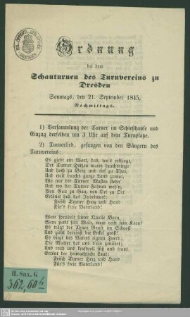 Ordnung bei dem Schauturnen des Turnvereins zu Dresden : Sonntags, den 21. September 1845