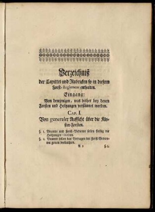 Verzeichniß der Capittel und Rubricken so in diesem Forst- Reglement enthalten.