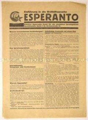 Werbeflugblatt des Arbeiter-Esperanto-Bundes für die deutschen Sprachgebiete für Esperanto als Korrespondenzsprache für die internationale Arbeiterbewegung und den Beitritt zum Esperanto-Bund