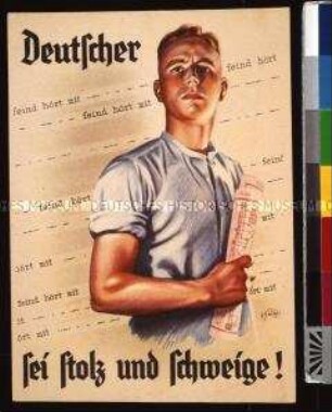 Illustrierter Handzettel aus dem 2. Weltkrieg mit der Warnung vor Spionen