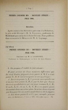 Premier concours des « Nouvelles Annales » pour 1900. Résultat.